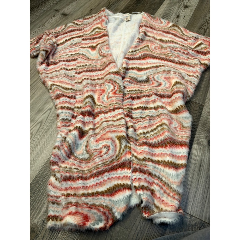 Free People Fuzzy Swirl Eyelash Knit Cardigan Red Orange Brown OS Open Front